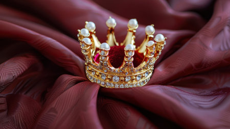 This striking image features an elegant golden crown adorned with pearls and diamonds, beautifully displayed on rich red fabric. Perfect for themes of royalty and luxury.の素材
