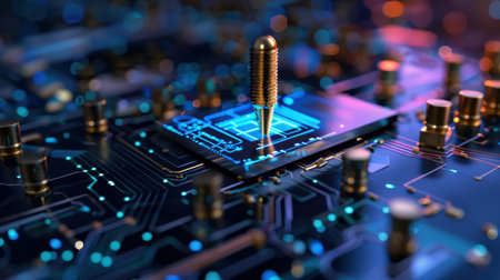 A stunning close-up image showcasing a sophisticated electronic circuit board featuring a stylus. The vibrant LED lights create an engaging visual in modern technology.の素材