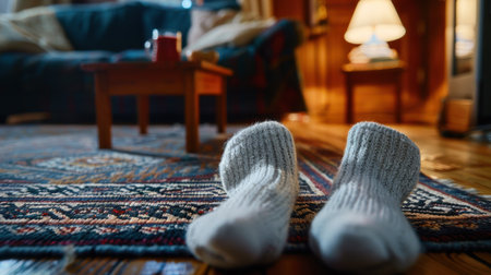 A cozy living room scene featuring warm, soft socks laid out on a colorful rug, encapsulating a relaxed and inviting atmosphere perfect for leisure.の素材