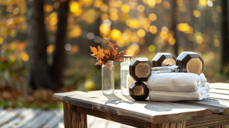 A serene autumn fitness scene featuring dumbbells, a soft towel, and a water bottle on a wooden table surrounded by colorful leaves.の素材