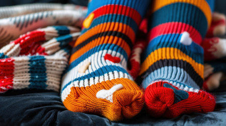 Bright and colorful striped socks create a cozy atmosphere on soft textiles. Ideal for showcasing warmth and comfort in a relaxed home setting.の素材