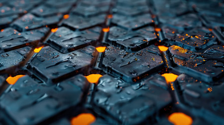 This striking close-up image showcases a dark textured surface featuring vibrant orange glows interspersed with water droplets, creating an abstract yet dynamic visual effect.の素材