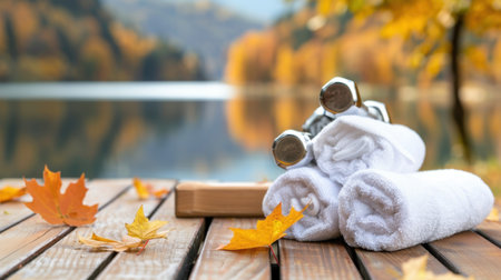 A tranquil autumn setting featuring dumbbells and fresh towels on a wooden surface, with a beautiful lake and colorful foliage in the background. Perfect for wellness and fitness themes.の素材