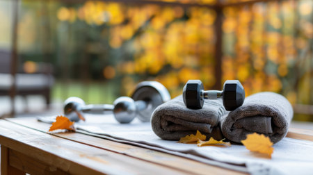 A warm autumn scene featuring dumbbells and towels on a rustic wooden table, surrounded by colorful leaves. This image captures the essence of fitness and relaxation during the fall season.の素材