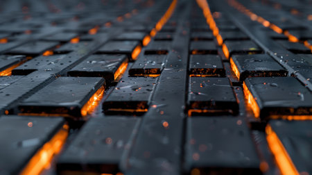 This captivating close-up image features dark textured tiles illuminated by glowing orange light, highlighted by droplets of water, creating a unique artistic background.の素材