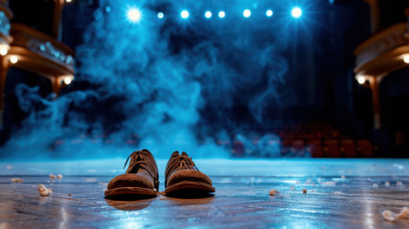 A pair of classic brown dress shoes rests prominently on an empty theater stage, surrounded by atmospheric fog and illuminated by soft spotlights, evoking a sense of drama and anticipation.の素材