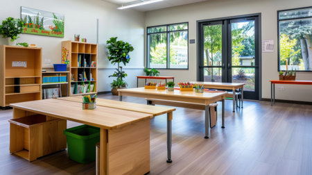 Fresh and bright classroom layout featuring wooden desks, vibrant stationery, and greenery, creating an inspiring and functional learning space for students.の素材