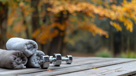A serene outdoor setting features soft towels and a dumbbell placed on a wooden table amidst vibrant autumn leaves, embodying a healthy lifestyle.の素材