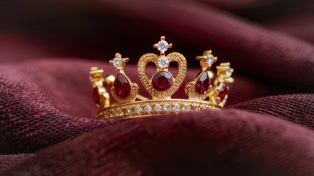 A stunning golden crown embellished with exquisite red gemstones is beautifully placed on soft burgundy fabric, epitomizing luxury and royal charm.の素材