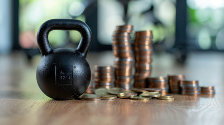 A black kettlebell sits prominently in the foreground alongside stacks of coins, highlighting the relationship between physical fitness and financial well-being in a bright indoor environment.の素材