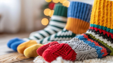 A vibrant display of various cozy socks in different colors and patterns, set against a festive background of soft holiday lights, enhancing the warm atmosphere.の素材