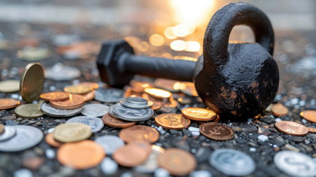 A kettlebell rests among a variety of coins scattered on the ground, illuminated by a soft, glowing light, symbolizing strength and financial value.の素材