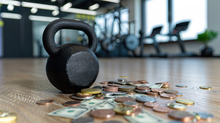 This image showcases a kettlebell placed next to scattered money and coins on a wooden floor in a contemporary gym, emphasizing the theme of investing in health and fitness.の素材