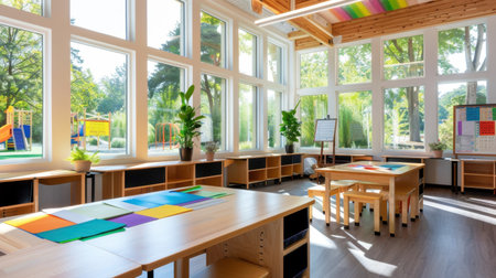 A bright and inviting classroom featuring large windows that bring in natural light. The space is organized with colorful art supplies and wooden furniture, promoting creativity and learning in a vibrant environment.の素材