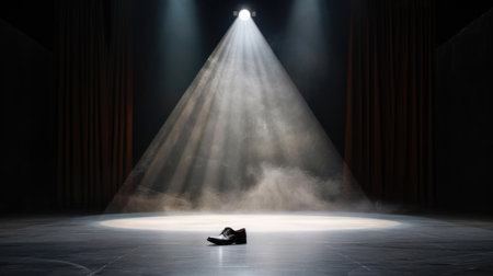 A striking image featuring a single black shoe illuminated by a spotlight on an empty stage, surrounded by soft smoke, capturing a moment of elegance and anticipation.の素材