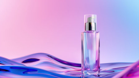 This stunning stock image features an elegant glass bottle containing cosmetic liquid, set against a colorful wavy backdrop in soft pastel tones. Perfect for beauty and skincare themes.の素材
