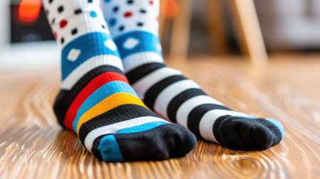 A vibrant display of colorful socks featuring bold patterns of stripes and polka dots, set against a warm wooden floor. Ideal for showcasing unique fashion choices and comfortable casual wear.の素材