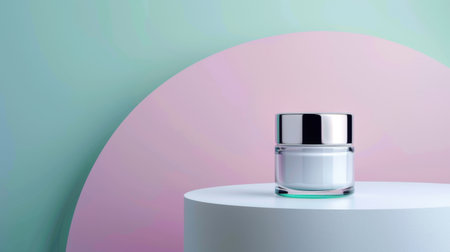 This image features a sleek glass jar of cream elegantly placed on a circular pedestal, set against a soft pastel background, perfect for beauty and skincare themes.の素材
