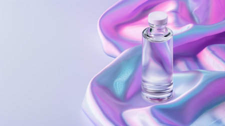 A sleek glass bottle filled with clear liquid rests on a soft satin fabric, showcasing a blend of pastel colors. This modern aesthetic captures elegance and freshness.の素材