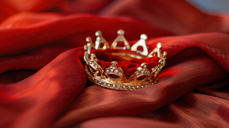A stunning golden crown set upon sumptuous red silk fabric creates a rich and elegant visual. This image evokes feelings of royalty and beauty, perfect for themes related to celebrations or fashion.の素材