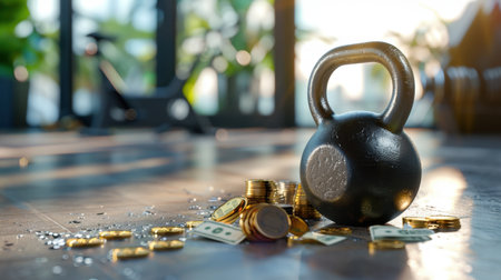 A heavy kettlebell rests on a gym floor surrounded by coins and cash, symbolizing the balance between fitness, health, and financial success in a bright space.の素材