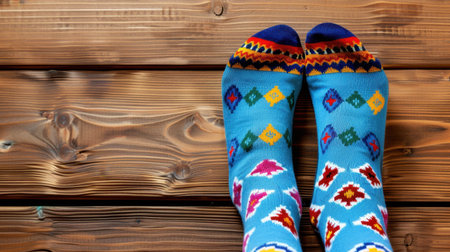These colorful patterned socks resting on a wooden floor create a cozy and vibrant atmosphere, perfect for showcasing fun indoor fashion and lifestyle.の素材