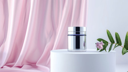 A sleek cosmetic jar sits on a white podium, surrounded by soft pink drapery and green leaves, creating an elegant setting for skincare promotions.の素材