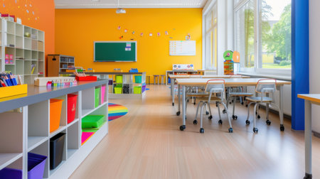 A vibrant and inviting elementary classroom designed to foster creativity and learning. Features bright colors, organized spaces, and engaging materials for children.の素材
