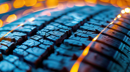 This close-up image showcases the intricate details of a car tire tread, highlighted by dramatic lighting and a bokeh background, suitable for automotive themes.の素材