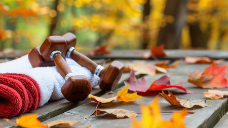 Capture the essence of autumn fitness with this image featuring dumbbells on a towel, surrounded by vibrant leaves on a rustic wooden table. Perfect for wellness themes.の素材