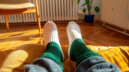 A serene and cozy indoor scene featuring a pair of feet clad in colorful socks resting on a plush sofa, illuminated by warm sunlight.の素材
