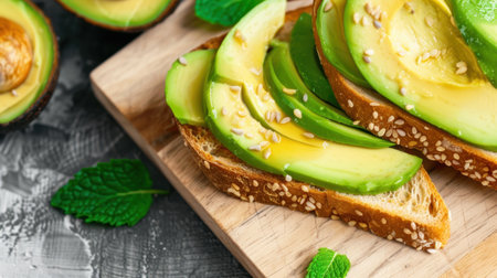 Delight in the vibrant, fresh appearance of sliced avocado on sesame toast, garnished with mint leaves, perfect for breakfast or a healthy snack.の素材