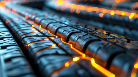 This close-up image showcases intricate tire treads highlighted with glowing orange accents, ideal for automotive and technology-themed projects and designs.の素材