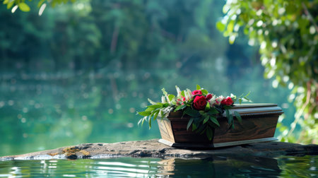 A serene lakeside scene featuring a wooden coffin adorned with fresh red roses, surrounded by lush greenery and reflecting water, evoking a sense of peace and remembrance.の素材