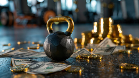 A black kettlebell sits among piles of money and coins in a gym, illustrating the connection between fitness and financial well-being. This image portrays the value of investing in health and strength training.の素材