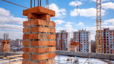 A close-up view of a brick column under construction with a background of urban buildings and cranes, showcasing the construction process and industry.の素材