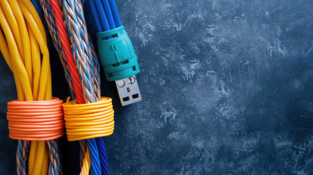 A vibrant arrangement of colorful USB cables and wires placed against a dark textured background, ideal for themes related to technology and digital connection.の素材