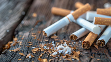A detailed view of discarded cigarette butts and loose tobacco on a rustic wooden surface, highlighting issues of waste and health concerns associated with smoking.の素材