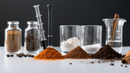 This collection features an array of colorful powders and culinary ingredients in glass containers, highlighting the beauty of cooking and science.の素材