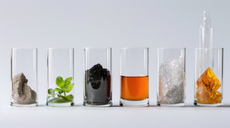 Series of clear glass vessels showcasing the transformation of natural elements into different compounds, highlighting textures, colors, and scientific exploration.の素材