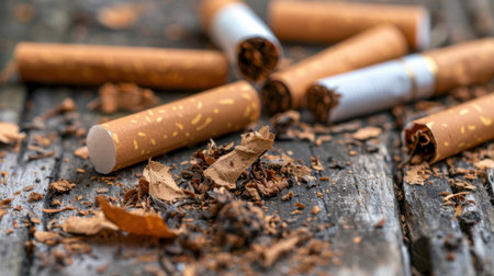 A close-up shot showcasing broken cigarettes and loose tobacco leaves scattered on a textured wooden surface, highlighting the lifestyle and risks associated with smoking.の素材