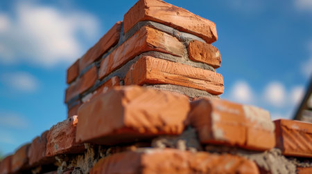 This close-up image captures the details of newly laid red bricks with fresh mortar. The vivid colors against the blue sky highlight craftsmanship in building and construction.の素材