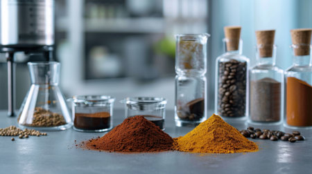 A stunning display of vibrant spices in glass containers set against a modern kitchen backdrop. Perfect for culinary and food-related themes.の素材