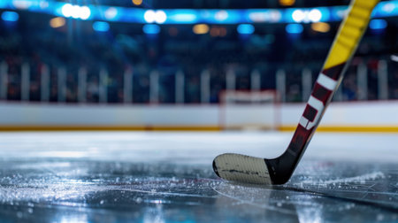 A close-up view captures a hockey stick poised on the ice in a vibrant arena. Bright lights illuminate the rink, setting a dynamic atmosphere for the game.の素材