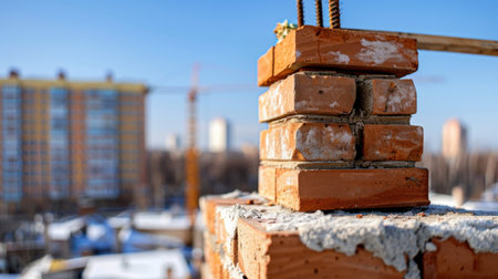 A detailed close-up of brickwork on a construction site under a bright blue sky. Urban background features nearby buildings and construction elements.の素材