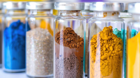 A vivid display of colorful powders in glass vials arranged neatly, highlighting various textures and hues under natural light, perfect for artistic endeavors.の素材