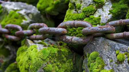 A close-up view of a rusty chain resting on moss-covered rocks, showcasing the contrast between the metal and vibrant greenery in a serene outdoor environment.の素材