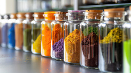 An artistic display of jars filled with colorful spices showcases the beauty of culinary ingredients. Perfect for food-related projects, this image captures vibrant powders arranged thoughtfully on a kitchen shelf.の素材