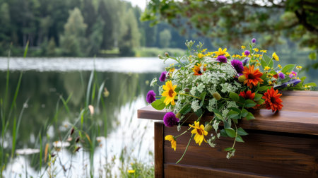 A tranquil scene featuring a floral arrangement on a wooden casket by a peaceful lake, surrounded by lush greenery and soft reflections, evoking emotions of serenity and remembrance.の素材