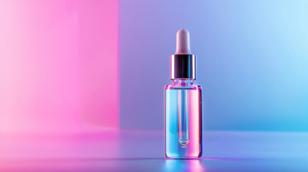 This artistic image showcases a beauty serum dropper bottle against a gradient background of pink and blue, highlighting elegance and modern skincare aesthetics.の素材